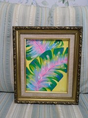 Vintage 12 X 14 Ornate Framed Original Bright Tropical Banana Leaf Painting