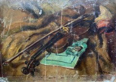 Antique 19th Oil Canvas Painting Still Life Violin Illegible Sign Mystery Artist
