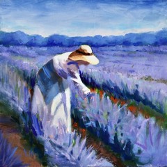 Lady in Lavender Field Landscape Sunny Original Oil Painting 10×10″ Sue Whitney