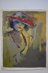 Original Oil Painting Elegant Woman in Red Hat Abstract Portrait Fine Art Canvas