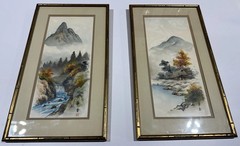 Asian Landscape Prints on Silk – Waterfall & Cottage Scene –Signed-1981 Vintage