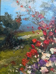 Oil Painting Original 4×6 in Flowers Meadow Forest Summer Framed