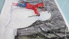 Snowman Child Watercolor Painting Winter Landscape with Backlight Christmas Gift
