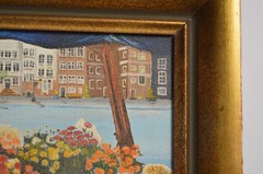 Vintage Art Painting Bicycle Pedal Flower Cart Town Square City Village Framed