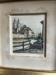 Vintage Miniature Matted Zurich Etching Signed A. MARC aka Nicholas Markovitch