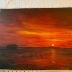 SUNSET seascape coast ocean original PAINTING by WP 83 orange hand painted
