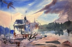 Lakeshore Landscape–Charlotte Hoffman–Medium Size Mid 20th Watercolor-NY Artist