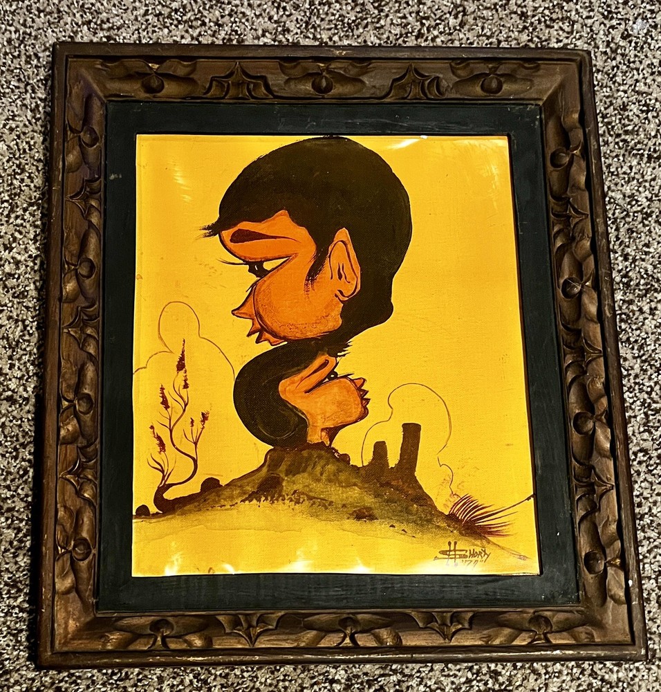 Herbert Roy Shorty Signed Navajo Two Faces Desert Art Painting on Canvas 1977