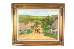 English Village Landscape Man Walking Horses Oil Painting Signed Carmel Dann