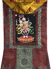 CITIPATI HAPPY COUPLE ORIGINAL TIBETAN THANGKA WITH SILK BROCADE BUDDHIST ART