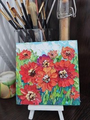 Zinnia Oil Painting Original Miniature  6×6 in Floral Impasto Signed  Art