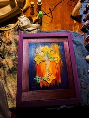 Abstract Cross Religious Painting Framed 26 By 20 Inch Boston Artist