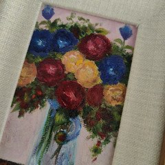 Pair of Paintings by Cristina Granja Woman & Floral Still Life Gold Wood Frames