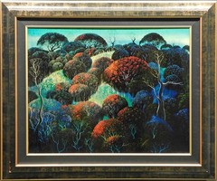 Eyvind Earle „Holly Covered Hills“ Hand Signed Original Oil on Panel framed