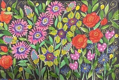 5”x7” Original Watercolor Pamela Wilhelm Whimsical Pink Red Green Yellow Floral