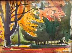 Autumn Landscape 4 1/2 x 6 1/2″ Watercolor Painting-C. 1960s-Adolf Konrad