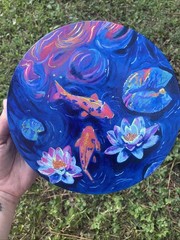 Original Koi Fish And Lily Pad Pond Painting 8” On Canvas OOAK By Jada Appleton