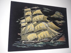Vintage BLACK VELVET PAINTING Clipper Ship Wall Art MCM 1970s Sailing Boating