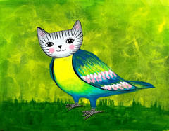 Tabby Cat Bird Painting, Fantasy Cat Art 11×14