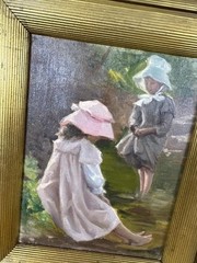 Vintage Oil on Canvas „Two Girls in Bonnets“ Framed Figural Children Painting