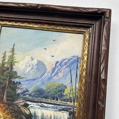 Vintage Oil Painting Mountain River Waterfall Scene Framed Size 11×13 Yosemite