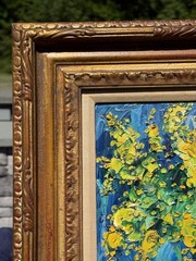 Original Signed Emeric Vagh- Weinmann “Mimosas” Yellow Flowers, Blue Vase