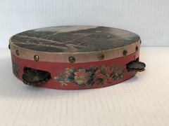 ANTIQUE PAINTED TAMBOURINE Drum Cabin Woods PORTRAIT DECORATIVE INSTRUMENT Music