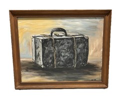Original Oil Painting Of Suitcase In Wood Frame Vintage Artwork 18×22
