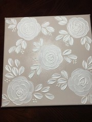 Textured Floral Painting Featuring A Three Dimensional White Rose Beige Canvas