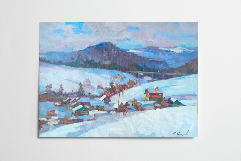 Oil painting In Village Ukrainian painter Canvas original winter landscape art