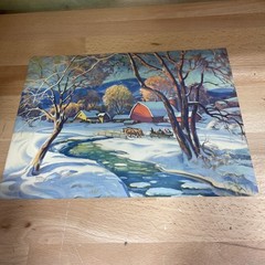 Lithograph Print Snowy Barn Tree Scene Unframed 12″ x 9″