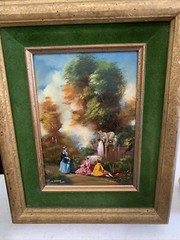 Vintage Pictures Wooden Frame Green Border, ￼￼Mid Century Setting Oil Painting.