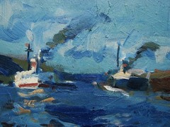 Ukrainian Soviet USSR oil Painting impressionism seascape barge boat steamship