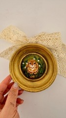 Vintage Poofy little rabbit Oil Painting: Small Round Frame, Country Wall Art