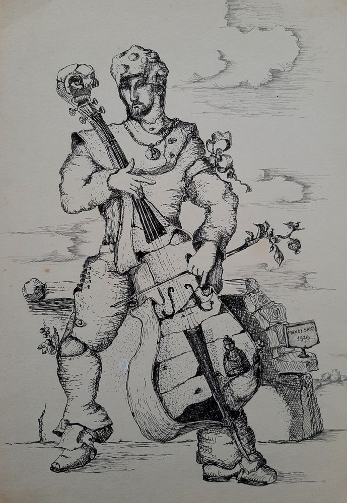 MANDY SAND ( 1932-2004), Ink on Paper, The Cello Player, Signed, 1976