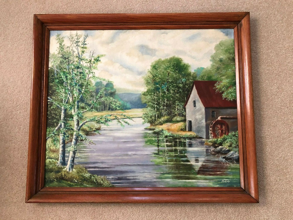 Vintage Oil Painting on Board of Gristmill & Stream Scene, Heinz Erb