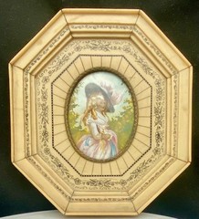 ANTIQUE ZULEY MINIATURE PAINTING PORTRAIT, LADY w/HAT, OCTOGONAL FRAME, c1920