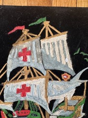 Vtg Black Velvet Painting Tall Ship Water Scene 8 X 10” Signed Dated 1965
