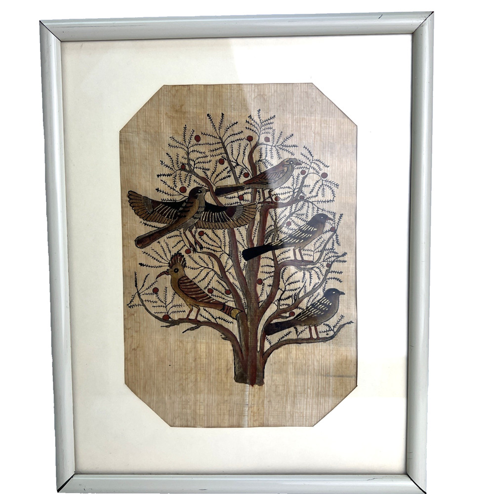 Vtg „Birds In Tree Scene“ Oil On Papyrus From Egypt Rice Paper Painting Framed