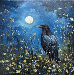 Raven Original Oil Painting Black Crow painting Crow Wall Art Bird Impasto Art