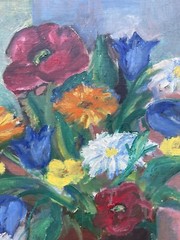 Ölbild Impressionist Stillleben mit Sommerblumen 72×53,5cm