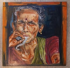 SMOKING MAN ACRYLIC ON CANVAS SIGNED ILLEGIBLY 23.75″ X 23.75″