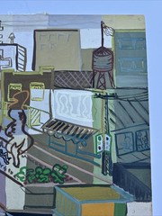 MID CENTURY PAINTING CUBIST ABSTRACT CITYSCAPE URBAN MODERNISM CUBISM WPA STYLE