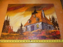 1971 original OIL on CANVAS MICHEL KIRO Quebec City Canada Autumn Cabin Stone