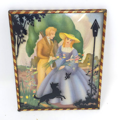 Reverse-Painted Silhouette Picture/Convex Glass Dog Chasing Butterfly Vintage