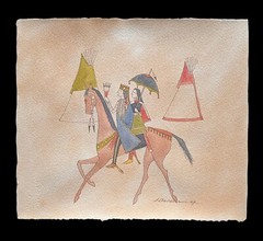 Sherman Chaddlesone watercolor Couple on Horseback Native American 1991