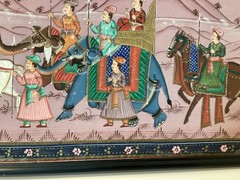 Vintage Indian Mughal Painting Procession With Elephant Framed Silk Art Picture