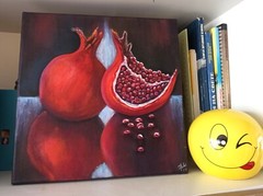 Original Art Oil Painting Red Pomegranates on Canvas 30x30cm Fruits Still Life