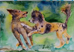 Original Watercolor poodles Playing dog art Signed Painting,dog lover gift 6×4″