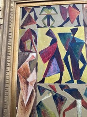 MID CENTURY PAINTING PEOPLE HORSE CUBIST CUBISM MODERNISM ANTIQUE 1940’S OIL